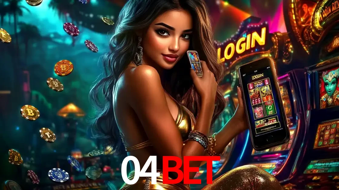 Mulher em um cenário de cassino temático de aventura, mostrando o app de caça-níqueis da 04BET no celular. Fichas de apostas flutuam ao redor.