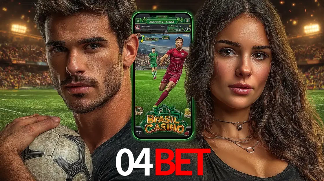 Homem segurando uma bola de futebol e uma mulher ao lado de um smartphone exibindo o jogo de apostas esportivas da 04BET. Faça seu palpite no cassino online.